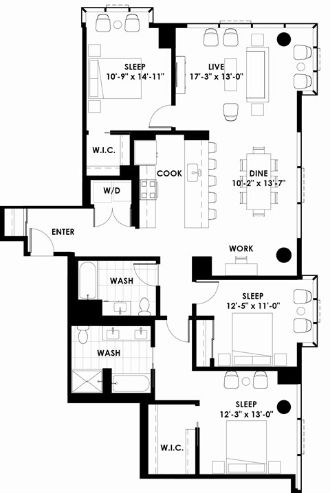 Floor plan for 3 beds, 2 baths, 1620 sqft